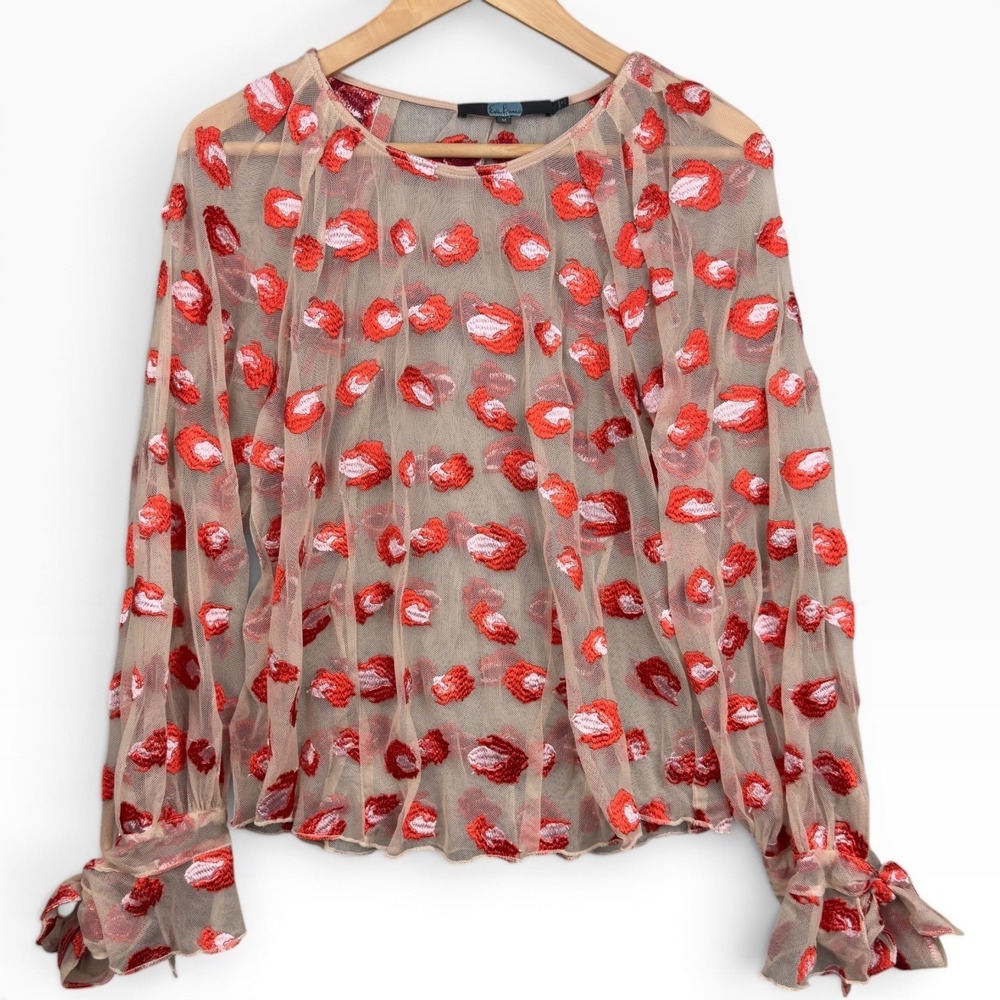 Eva Franco Cheetah Rose Mesh Blouse M Tan Red Embroidered Tie Cuff Art to Wear - Picture 2 of 9